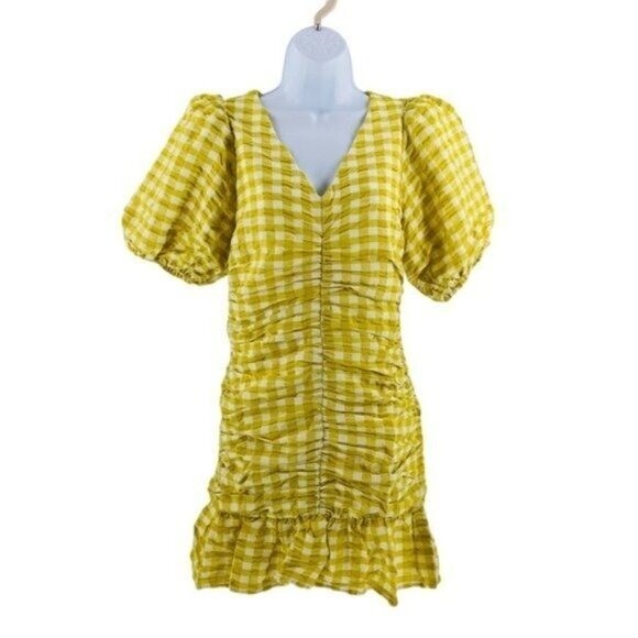 Petal & Pup NEW Tenice V Neck Gingham Puff Sleeve Mini Dress Green Size M